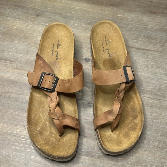 Mila Paoli Italy Leather Braided Strap Cork Wedge Sandals Shoes Tan Size 9 - Picture 4 of 16